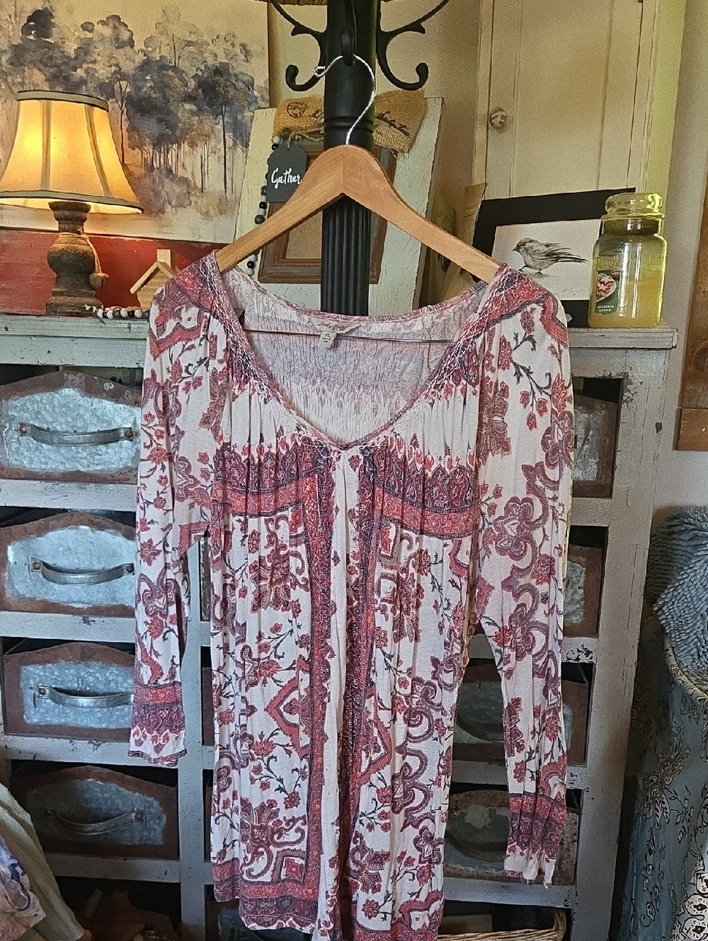 Lucky Brand Red and Cream Floral Boho Blouse